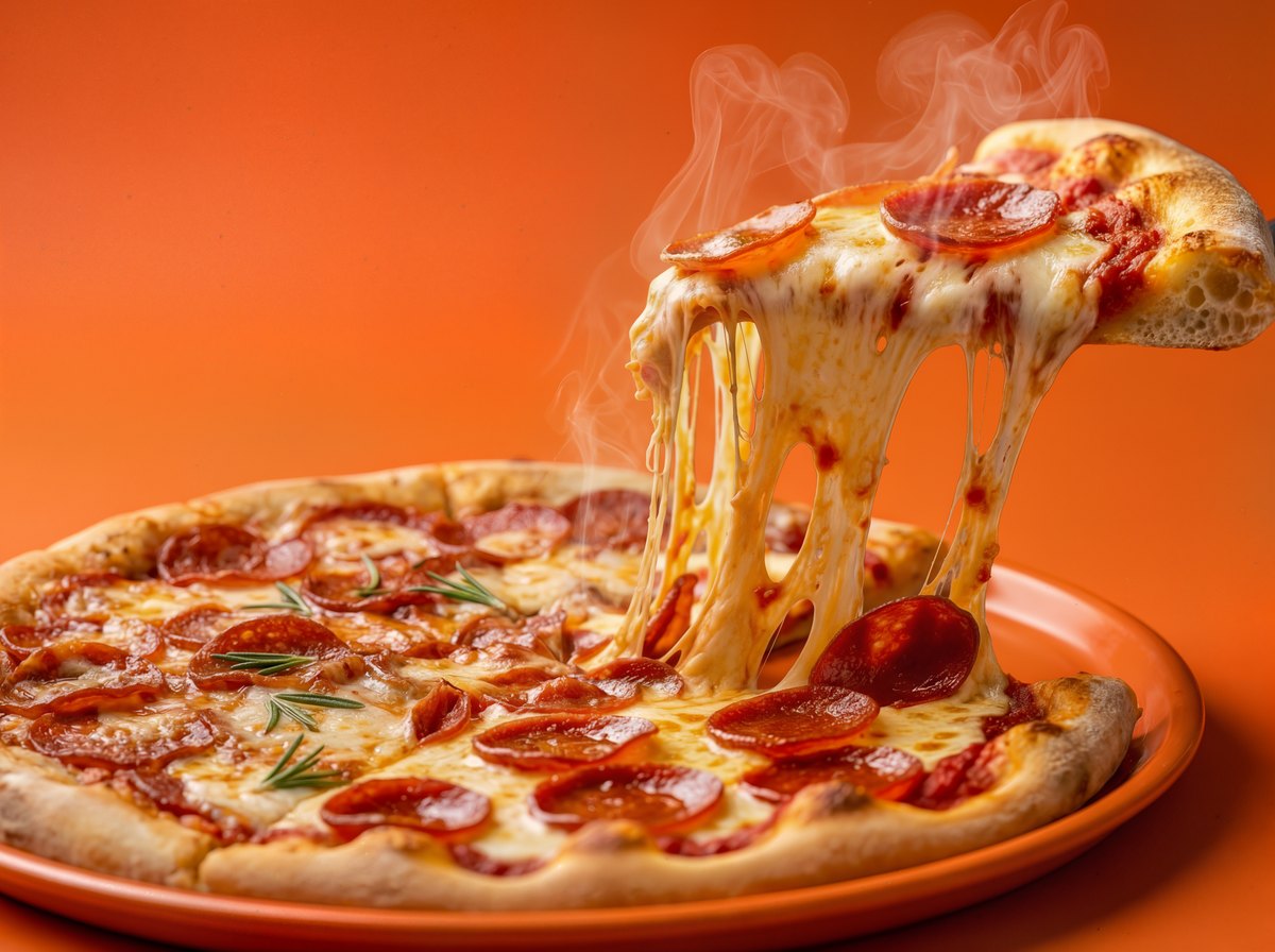 Fatia de pizza puxando muito queijo